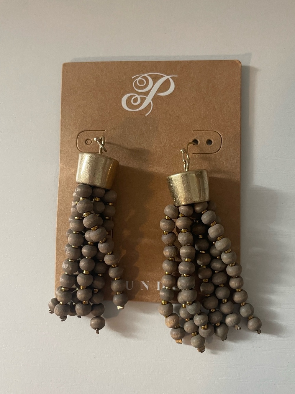 Plunder Taupe and Gold Beaded Tassel Earrings